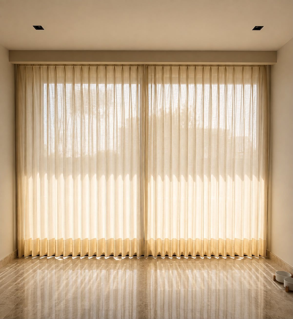 Cortinas sheer de piso a techo instaladas por Kahome Decoración en una sala de Mérida